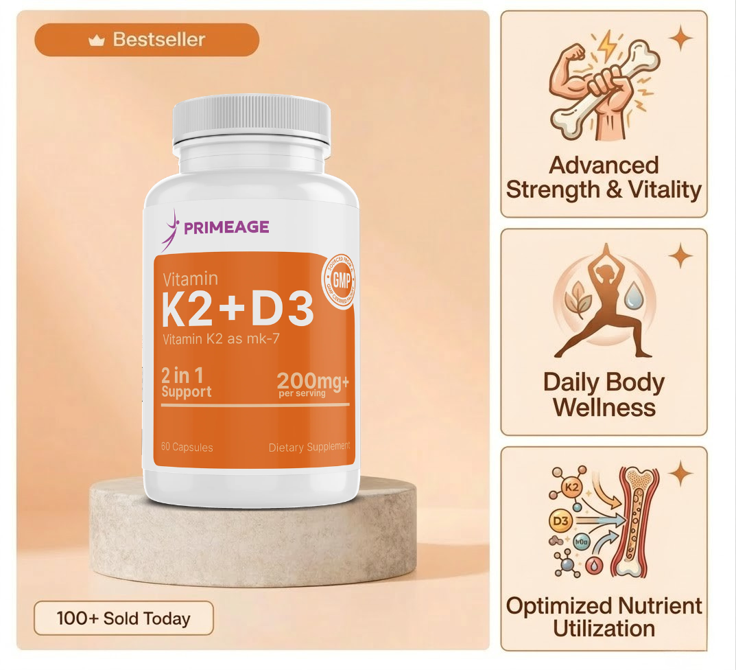 Primeage Vitamin K2 + D3 200mg+ per serving – 2 in 1 Support – 60 Capsules