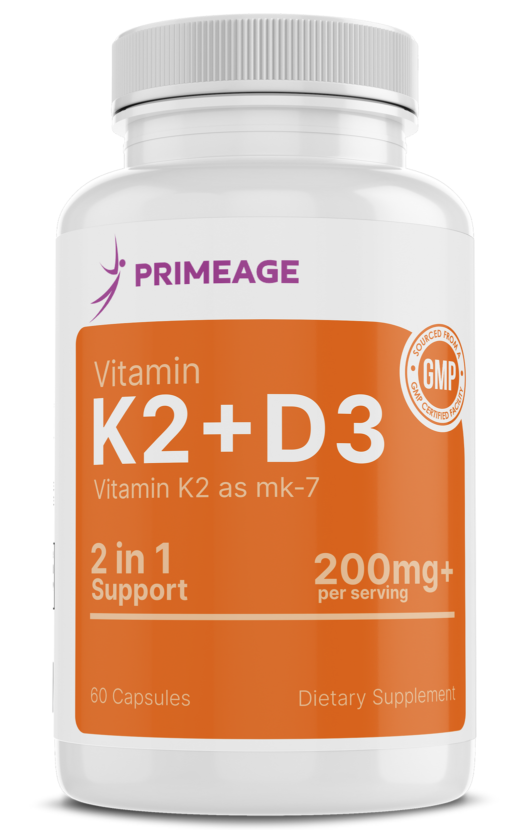 Primeage Vitamin K2 + D3 200mg+ per serving – 2 in 1 Support – 60 Capsules