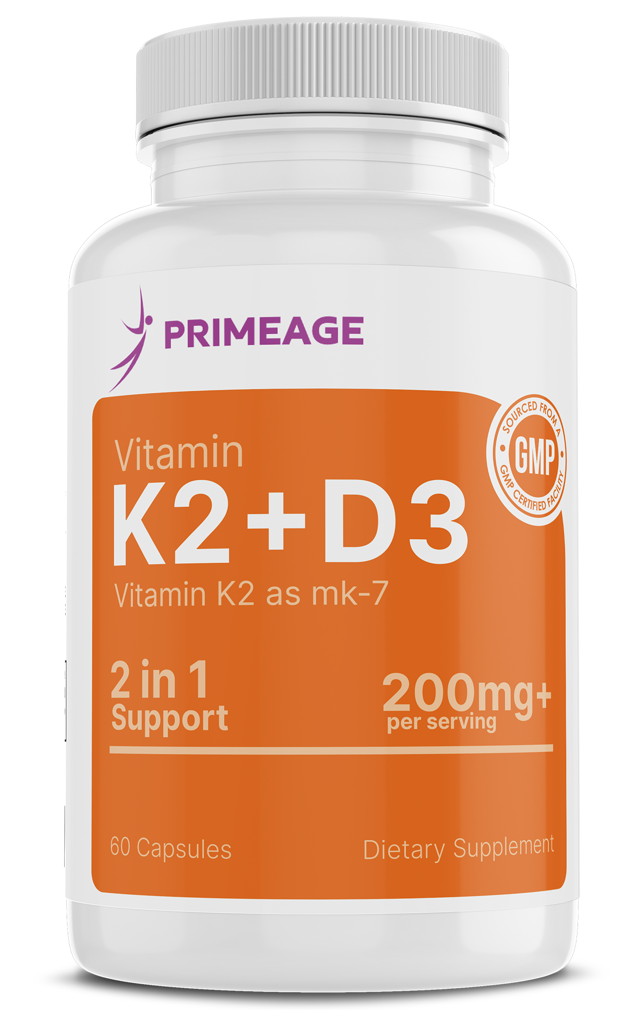 Primeage Vitamin K2 + D3 200mg+ per serving – 2 in 1 Support – 60 Capsules