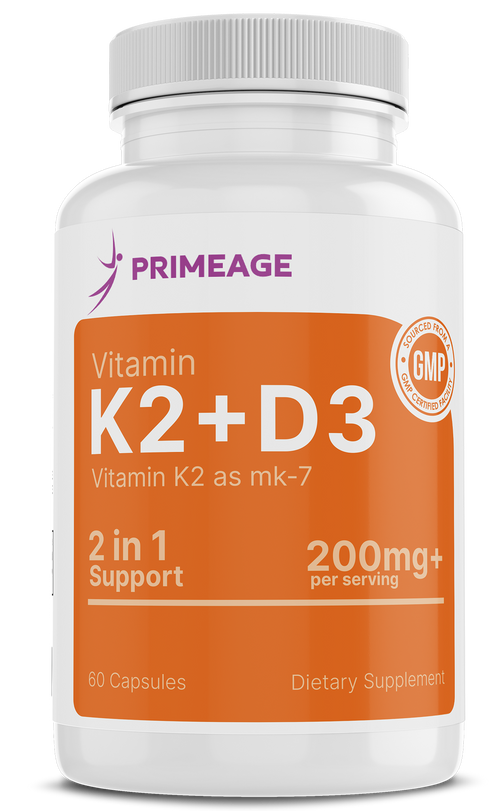 Primeage Vitamin K2 + D3 200mg+ per serving – 2 in 1 Support – 60 Capsules