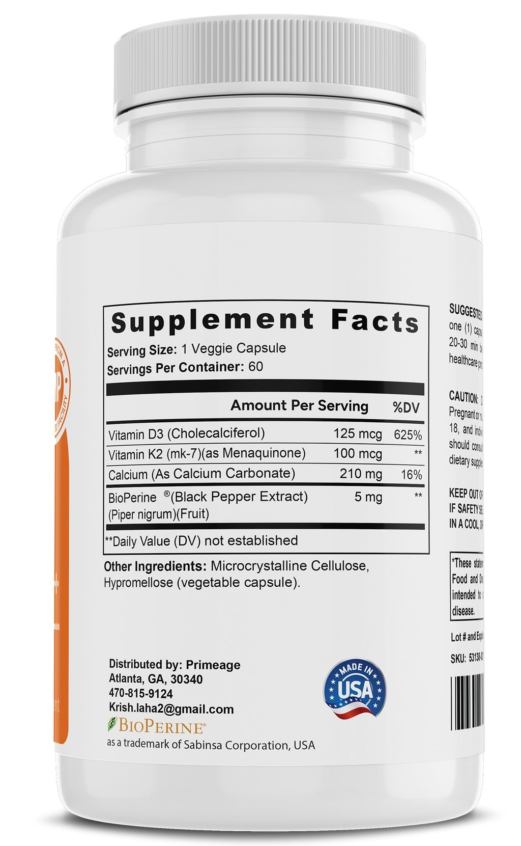 Primeage Vitamin K2 + D3 200mg+ per serving – 2 in 1 Support – 60 Capsules