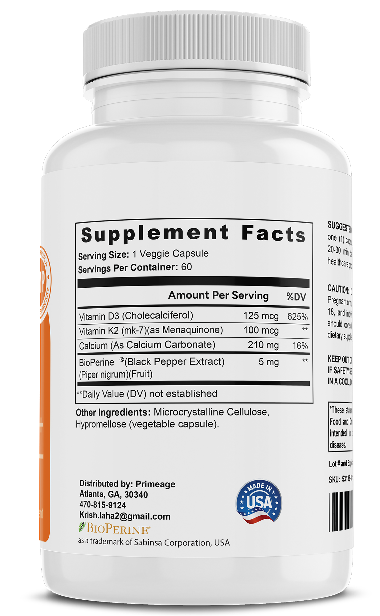 Primeage Vitamin K2 + D3 200mg+ per serving – 2 in 1 Support – 60 Capsules